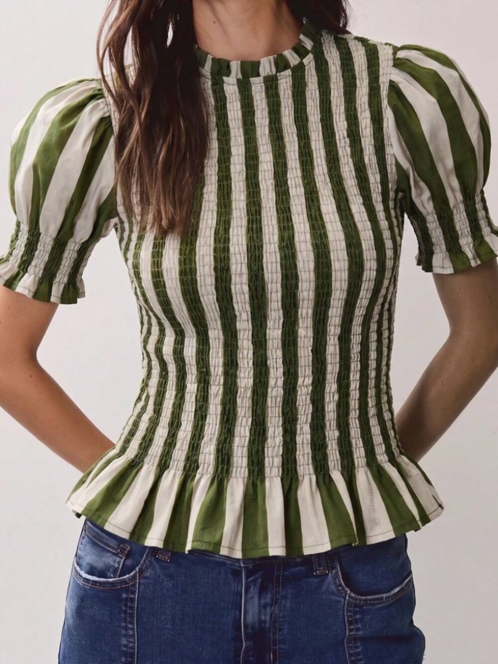 Green Striped Smocked Top with Puff Sleeves